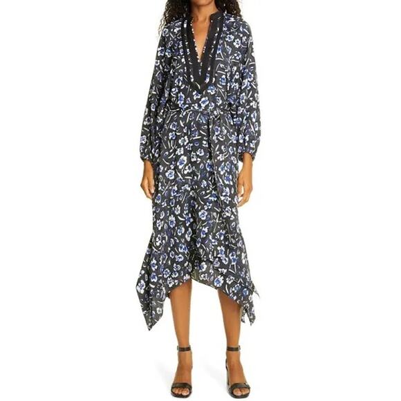 Tory Burch Puffed Sleeve Printed Tunic Dress Midnight Teapot - Size Small - Picture 1 of 16
